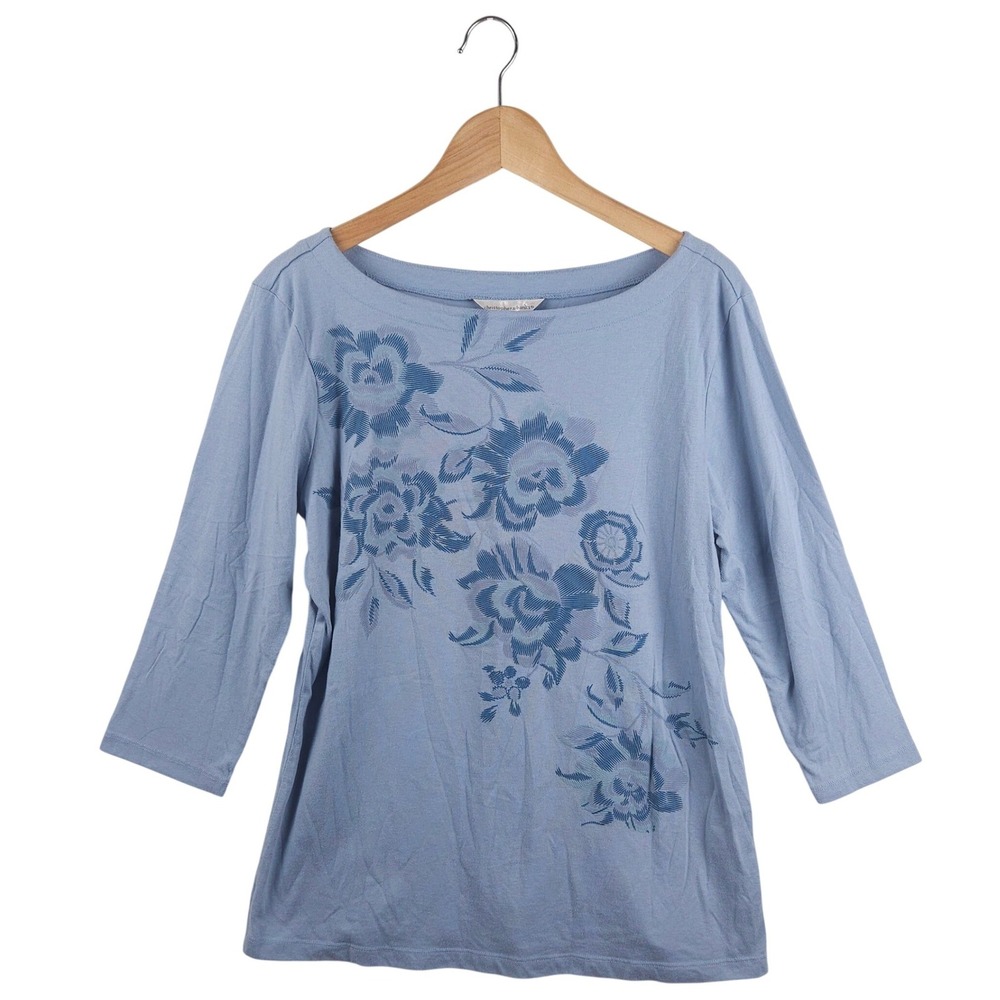 Christopher‎ & Banks Top Size Large Blue Floral Embroidered Boat Neck 3/4 Sleeve